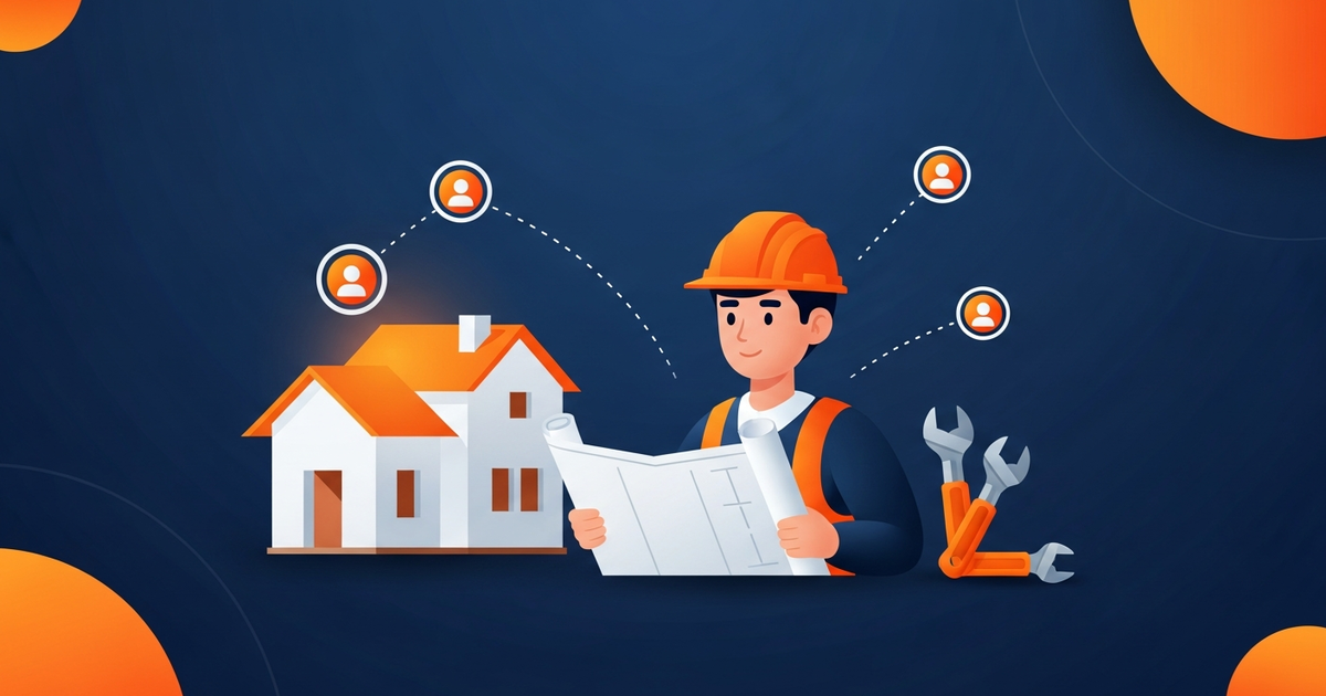 Illustration of a contractor in a hard hat holding a blueprint by a house under construction, connected to a network of referral contacts.