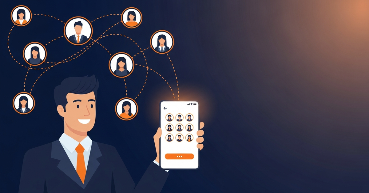 Illustration of a solo real estate agent switching to a simple, affordable referral CRM app on their phone.
