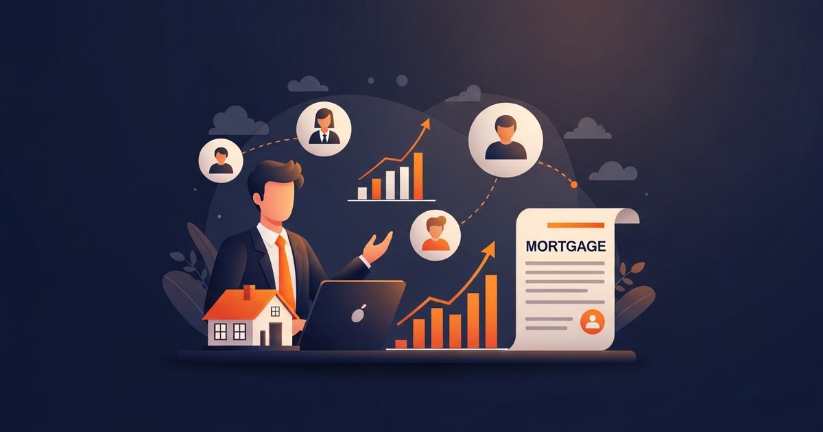 Illustration of a loan officer at a desk with a model house, a rising chart, and a mortgage document, connected to a network of referral partners.