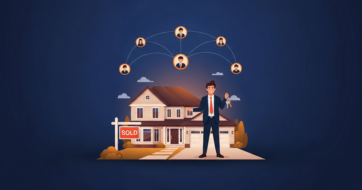 Illustration of a real estate agent holding house keys in front of a sold home, with a network of referral contacts connected above.